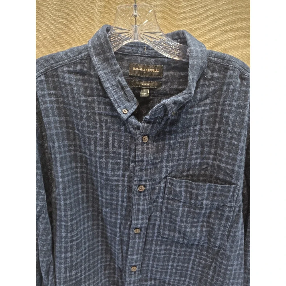 Banana Republic Mens Slim Fit Navy Blue Plaid Flannel Button Down Shirt Large